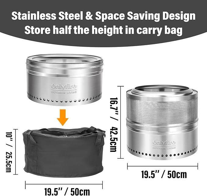 Onlyfire Wood Burning Fire Pit with Carrying Bag, 20” Detachable Portable Outdoor Firepit for Camping Tailgating Patio Backyard Bonfire Party, Perforated Smokeless Fireplace, Stainless Steel FP037