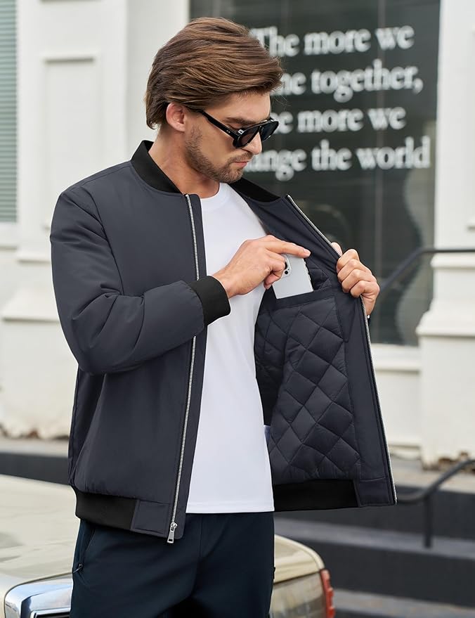Cotrasen Men's Bomber Jacket Full Zip Windbreaker Warm Winter Windproof Casual Outwear Padded Lined Coats