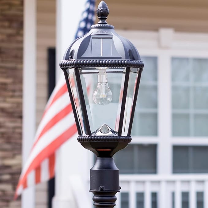 Gama Sonic Solar Outdoor Lamp Post Light, Black Cast Aluminum and Beveled Glass Panels, 10-Year Royal Bulb, Warm White LED with Omni-Direction Reflector, 87-inch Height, 98B001 (Upgraded Panel)