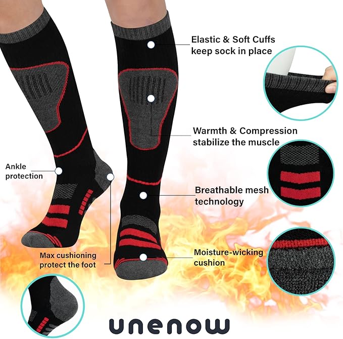 Merino Wool Ski Socks 2 Pairs, Thermal Knee High Warm Socks for Snowboarding, Hiking, Cold Weather, Snow, Hunting