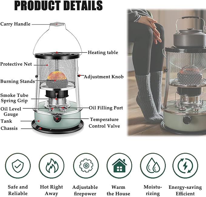 Kerosene Heater Indoor/Outdoor with BBQ Grill, 10000 BTU Portable Non Electric Heater, Camping Kerosene Stove for Heating, Cooking, Camping (Liftable)