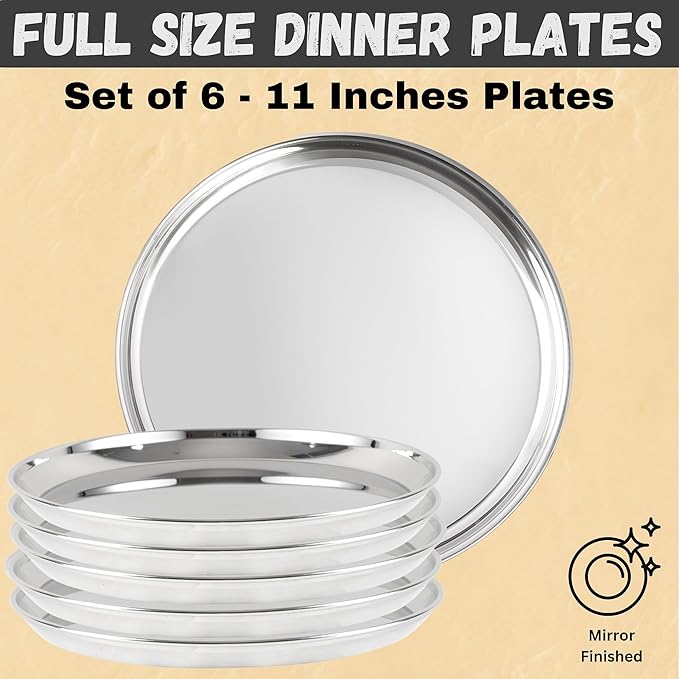 48 Pcs Stainless Steel Dinner Set - Dinnerware set including Dinner Plates, Quarter Plates, Bowls, Tumblers, Forks & Spoons - Home Kitchen Metal Camping Set - Service for 6 (Sticker Free)