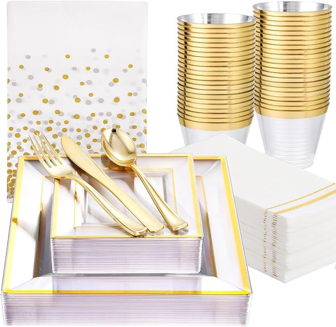Festiva 176Pcs Clear and Gold Plastic Plates - Square Clear Plates with Gold Trim - Dinnerware Set for 25Guest include Cups Cutlery Napkins for Thanksgiving Party&Wedding&New Year