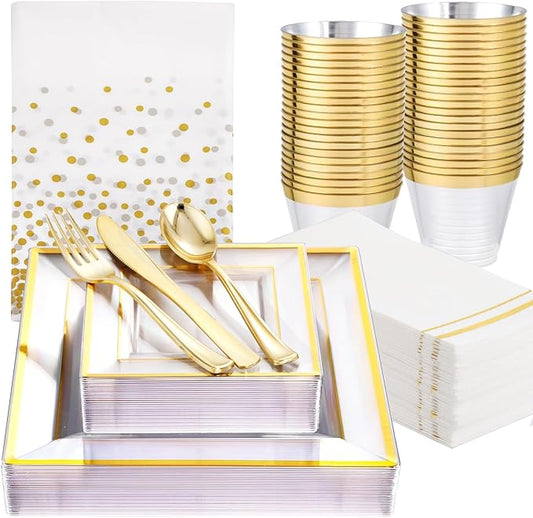 Festiva 176Pcs Clear and Gold Plastic Plates - Square Clear Plates with Gold Trim - Dinnerware Set for 25Guest include Cups Cutlery Napkins for Thanksgiving Party&Wedding&New Year