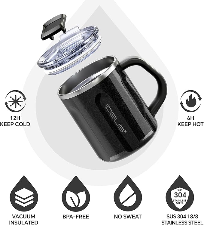 Ideus 16 oz Coffee Cup, Stainless Steel Coffee Travel Mug, Spill Proof Tea Mug with Handle and Lid, Lightweight and Durable, Great for Office Home and Outdoor Use, Black