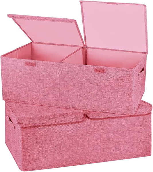 2 Pack Large Storage Boxes with Lids and Handles, Collapsible Linen Storage Bins Organizer Containers Baskets Cube with Removable Divider for Home Bedroom Closet Office (Pink, Small)