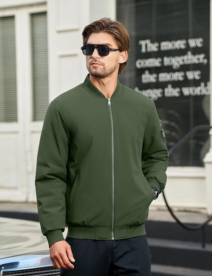 Cotrasen Mens Bomber Jacket Fall Winter Warm Windbreaker Casual Full Zip Padded Coats with Pockets