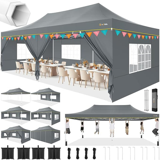 HOTEEL 13x26 Heavy Duty Pop Up Canopy Tent for Parties Event Wedding Commercial Instant Gazebo with Roller Bag, Party Tent Waterproof UV 50+&Windproof, Upgraded Thick Hexagonal Legs, Gray