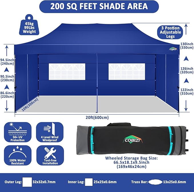 COBIZI 10x20 Pop Up Canopy with 6 Sidewall,Heavy Duty Canopy UPF 50+ All Season Wind Waterproof Commercial Outdoor Wedding Party Tents for Parties Gazebo with Roller Bag(10 x 20 ft Dark Blue)