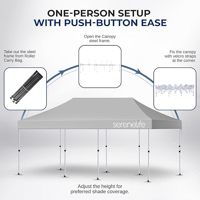 SereneLife 10x30 Ft. Pop Up Commercial Tent – Large Instant Pop-Up Canopy, Heavy Duty Waterproof Polyester Shelter with Wheels, Sandbags, Stakes & Ropes, Ideal for Parties, Events, & Gatherings