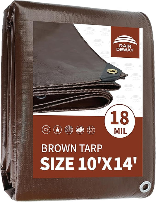 RAINDEWAY 10x14 Feet Super Heavy Duty Tarp 18 Mil,UV Resistant, Weatherproof, Multipurpose Waterproof Poly Tarp Cover with Grommets and Reinforced Edges,Brown Tarps