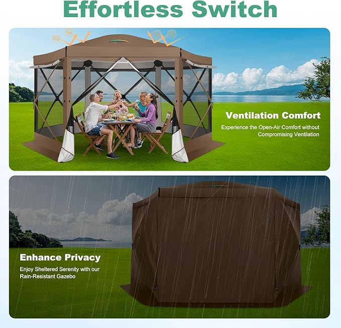 COBIZI 12x12 Pop up Gazebo Screen House Tent for Camping, Outdoor Canopy with Removable Roof&Sidewalls, Portable Hub Tent with Carrying Bag and Ground Stakes, Brown