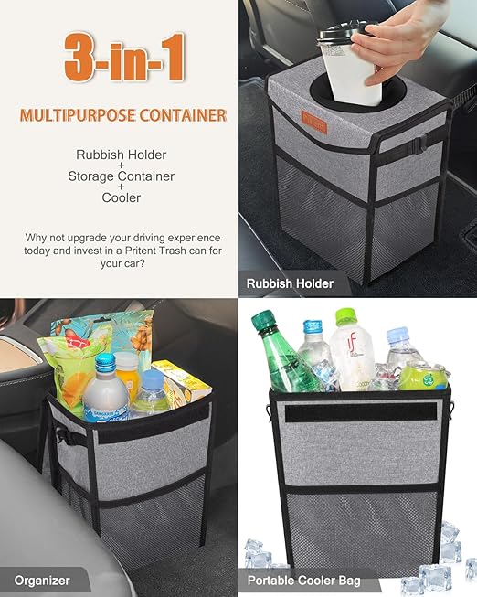 Car Trash Can with Lid, Cute Leakproof Car Trash Garbage Bag Hanging Vehicle Trash Bin Small Portable Automotive Garbage Cans Organizer for Back/Front Seat/Console(Trapezoid,Grey)