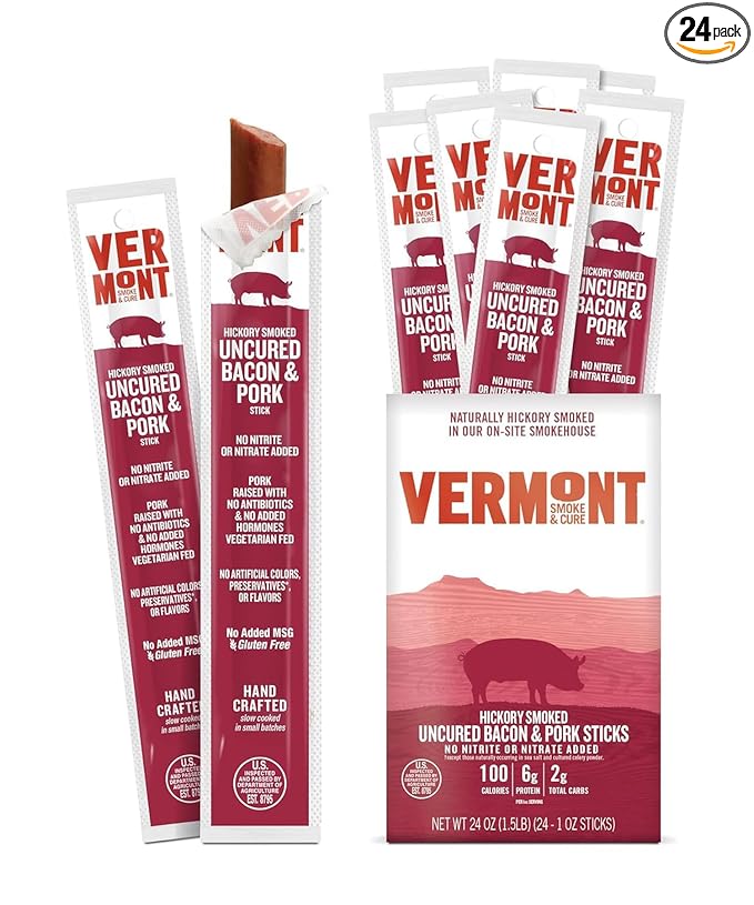 Vermont Smoke & Cure Meat Sticks - Uncured Pork Bacon Sticks - Protein Snacks, No Antibiotics or Added Hormones, Hiking Snacks - 1 oz, 24 count carton