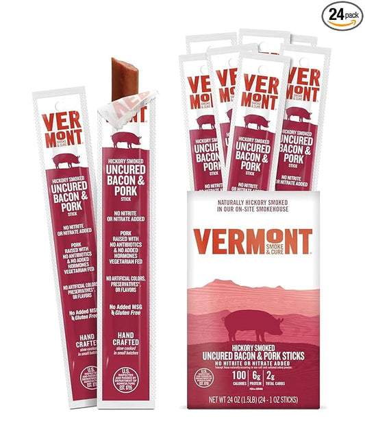 Vermont Smoke & Cure Meat Sticks - Uncured Pork Bacon Sticks - Protein Snacks, No Antibiotics or Added Hormones, Hiking Snacks - 1 oz, 24 count carton
