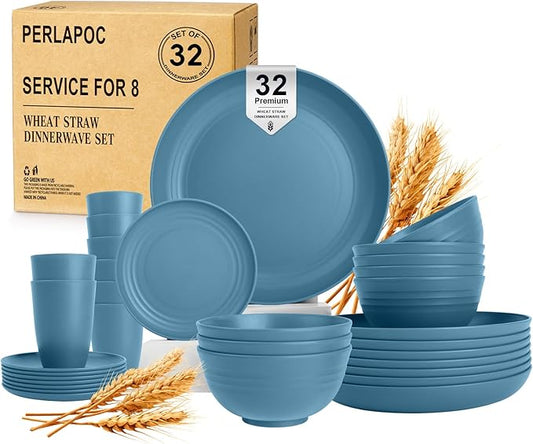 Wheat Straw Dinnerware Sets, 32 PCS Dishes Set for 8, Unbreakable Alternative Plastic Plates and Bowls Sets for Kitchen Outdoors RV Camping Patio, Dishwasher & Microwave Safe - Blue
