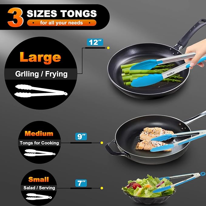 Walfos Kitchen Tongs - 7" 9" and 12" Heat Resistant Food tongs, Thickened Stainless Steel and BPA Free Silicone Tips, Great for Cooking, Grilling, Turning, Dishwasher safe(3 blue silicone tongs)