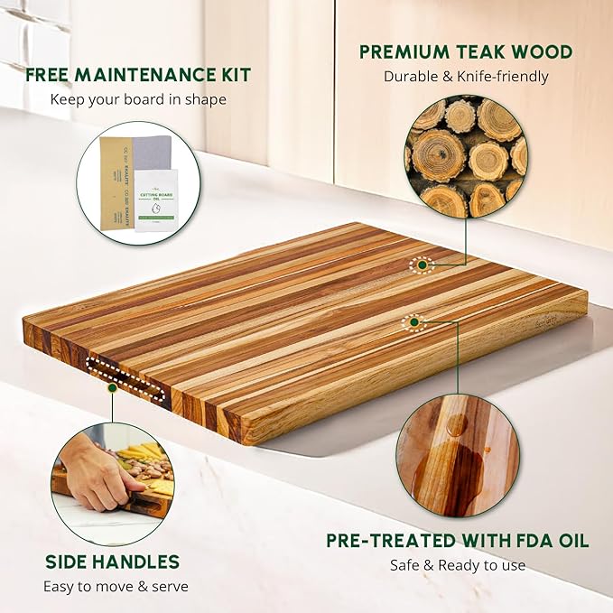 BEEFURNI Teak Wood Cutting Board with Hand Grip (XL, 24x17x1.5"), X-Large Wooden Cutting Board for Kitchen, Chopping Board Wood, Butcher Block, Charcuterie Board, Christmas Gifts, 1-Year Warranty