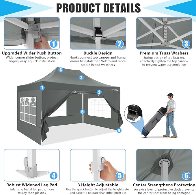 HOTEEL Canopy Tent 10x15 Heavy Duty Pop Up Canopy with Sidewalls, Party Tent with Roller Bag for Event Wedding, Upgraded Commercial Waterproof Instant Canopy, Thick Hexagonal Legs, UPF50+, Gray