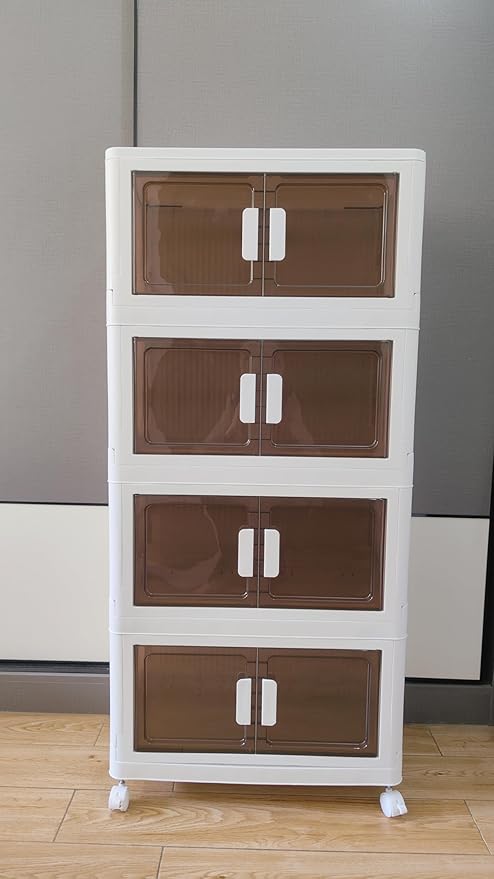 64 Gallons Storage Bins with Lids - Folding Storage box with Doors and Wheels, Collapsible Plastic Storage Bins for Closets, Stackable Storage Organizer (Large-4Tier)