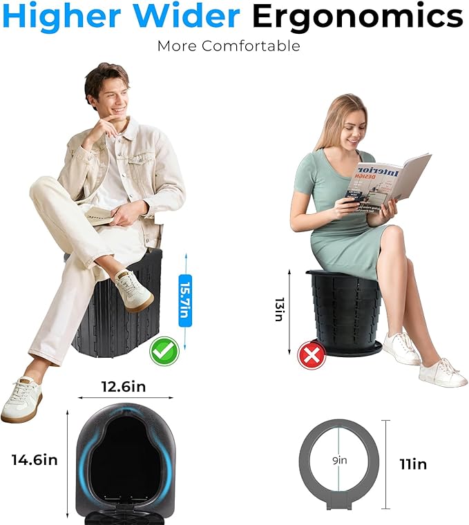 Portable Toilet for Adults, Foldable Plastic Toilet, with Lid and Paper Holder Travel Porta Potty for Adults Camping, Hiking, RV, Fishing, Beach, Road Trip, Truck, Hunting (black-15.7''H)