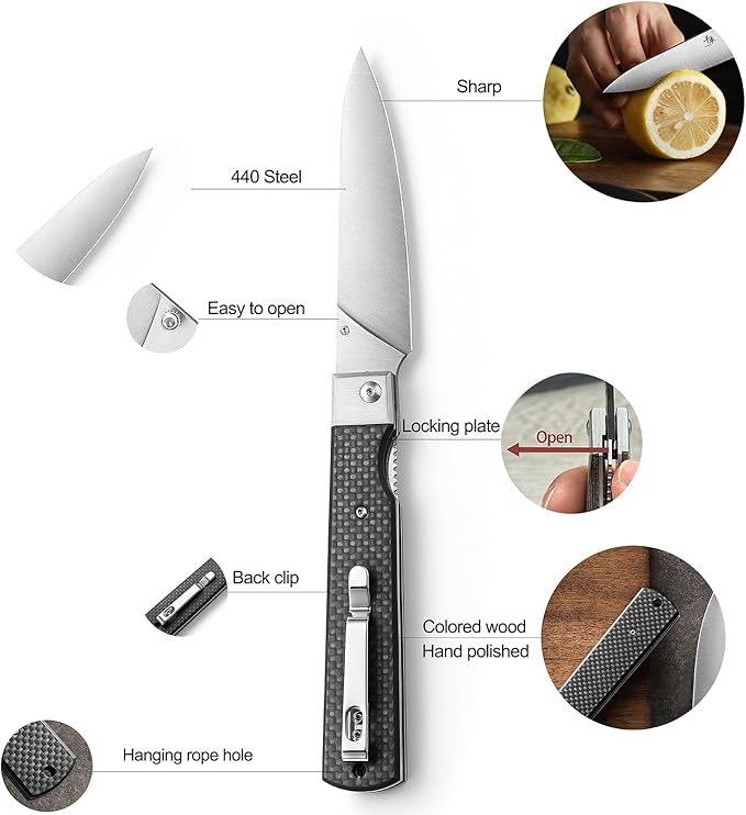 SENBON 440 Stainless Steel Super Sharp Pocket Folding Chef Knife Peeling Utility Knife Carbon Fiber Handle Camping Barbecue Outdoor Back Clip Portable Fruit Knife