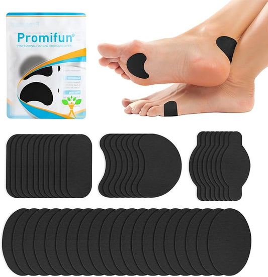 Moleskin Strips with Adhesive Blister Prevention Pads Mole Skin Tape Stickers for Feet Heel Shoes Padding-48 Sheets of 4 Shapes，Black