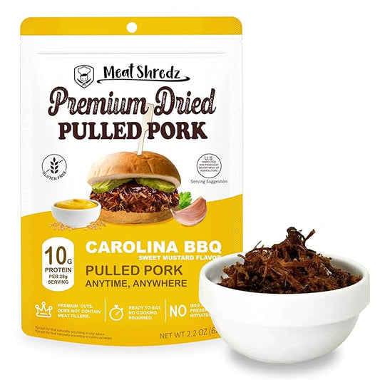 Meat Shredz - Premium Dried Pulled Pork (Carolina BBQ - Sweet Mustard, 1 Pack) | Gluten Free | High Protein & Low Sugar | Bacon Bits | Dehydrated Backpacking & Camping Food | Shredded, Dried Jerky Chew Snack