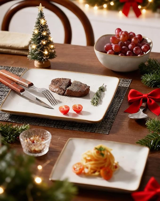 Famiware Dinnerware Sets for 8, Ocean Square 24-Piece Kitchen Plates and Bowls Sets, Microwave and Dishwasher Safe, Scratch Resistant, Cappuccino White