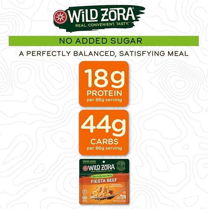 Wild Zora Instant Organic Quinoa Meals - Quick & Tasty Prepared Quinoa Bowls, Pantry Staples Gluten-Free Meal with Lentils Plus 10g Olive Oil Packet - Fiesta Beef (3-Pack)