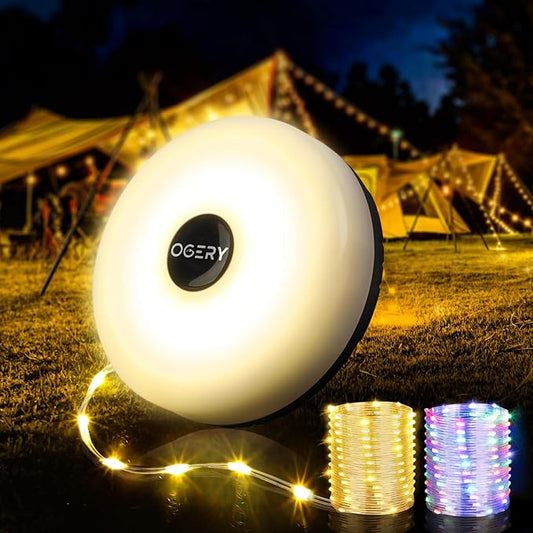 OGERY Camping String Lights, 4 in 1 Quick Storage 32.8FT Rechargeable Tent Lights String with 8 Lighting Modes, Hanging Waterproof Portable LED Lamp for Outdoor Patio Awning Garden Party Essentials