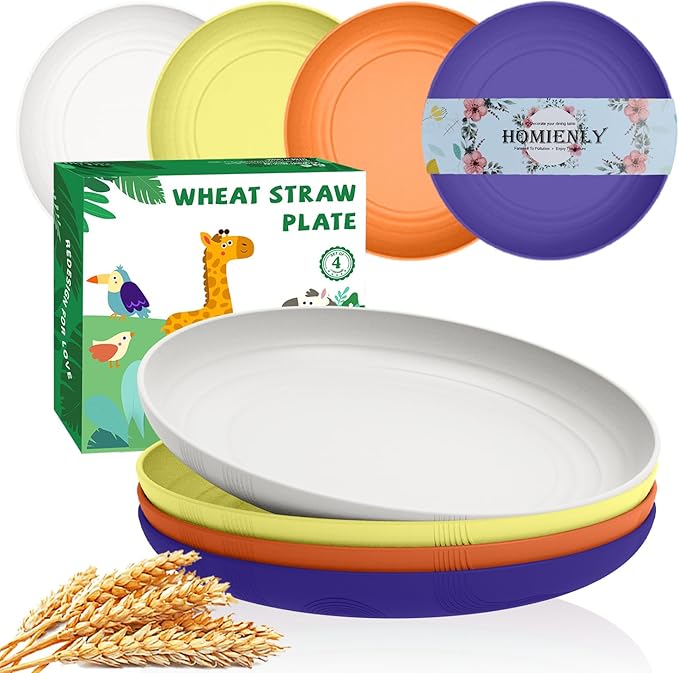 Homienly Wheat Straw Plate Set Reusable Dinner Plates 10 Inch Alternative to Plastic Plates Microwave & Dishwasher Safe Plates for Kitchen, Outdoor, Camping 4 PCS - Mondrian Colors