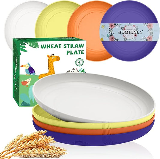 Homienly Wheat Straw Plate Set Reusable Dinner Plates 10 Inch Alternative to Plastic Plates Microwave & Dishwasher Safe Plates for Kitchen, Outdoor, Camping 4 PCS - Mondrian Colors
