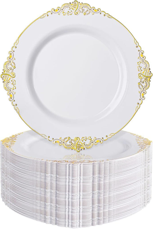 Nervure 100PCS White and Gold Plastic Plates - 7.5inch Gold Disposable Plates - Heavyweight Plastic Plates - Dessert Plates for Wedding & Party & Thanksgiving