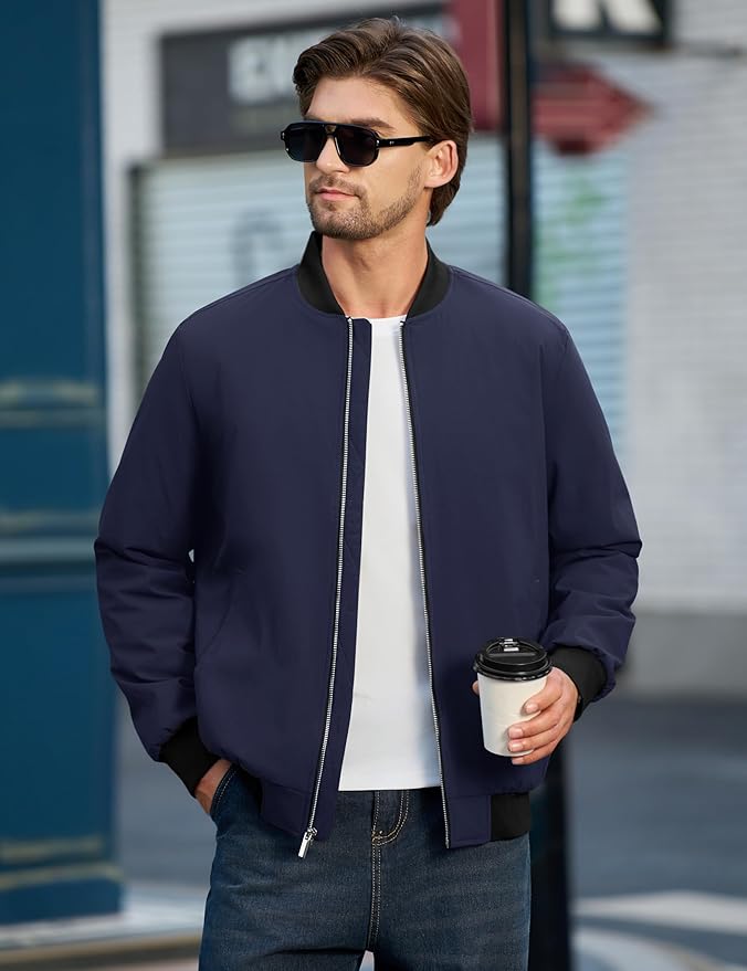 Cotrasen Men's Bomber Jacket Full Zip Windbreaker Warm Winter Windproof Casual Outwear Padded Lined Coats
