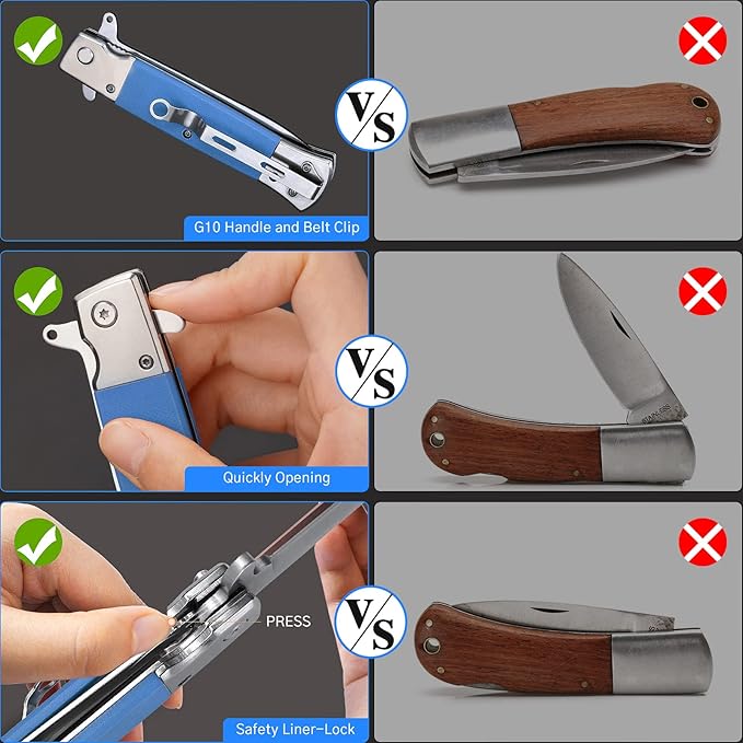 GVDV Folding Pocket Knife with G10 Handle, 7Cr17 Stainless Steel EDC Knife with Safety Liner-Lock, Camping Hunting Survival Knife for Men Women, Blue