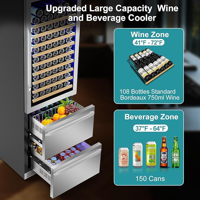 24 Inch Wine and Beverage Refrigerator, 2 IN 1 Dual Zone Drawer Beverage Fridge Wine Cooler, Built-in or Freestanding Beverage Cooler with Powerful Compressor, Holds 108 Bottles and 150 Cans