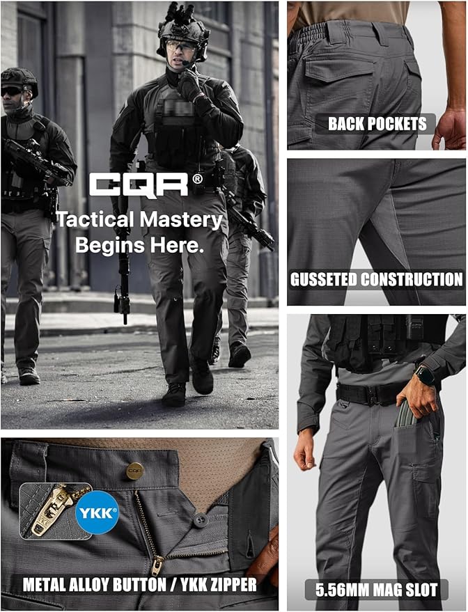 CQR Men's Flex Ripstop Tactical Pants, Water Resistant Stretch Cargo Pants, Lightweight EDC Hiking Work Pants