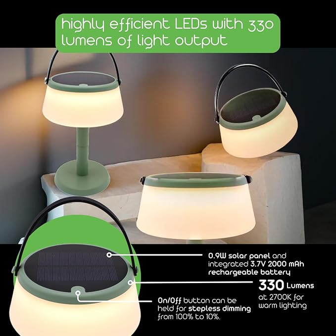 2-in-1 Portable Solar Power LED Table Lamp & Lantern - Indoor/Outdoor - Stepless Dimming - Rechargeable Battery - 330 lumens, 2700K - IP44 Weather Resistant - Green