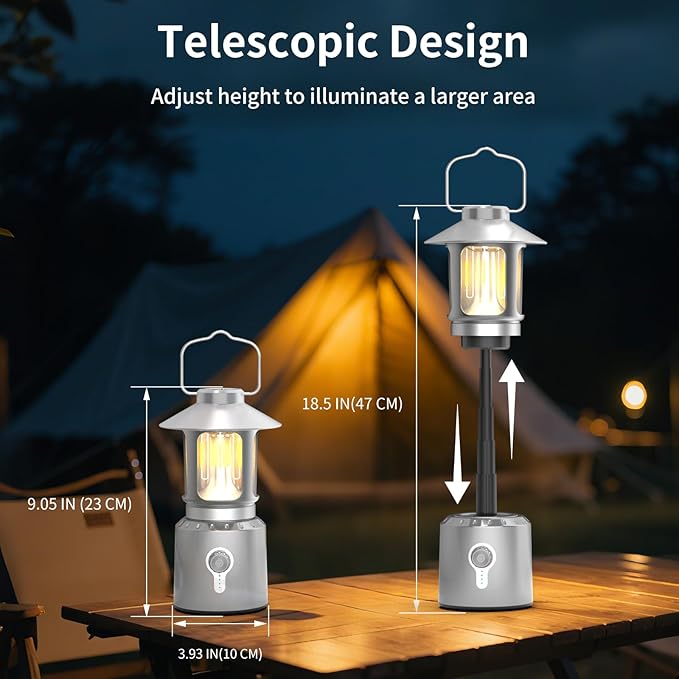 Rechargeable Camping Lantern 8000mAh, Telescoping Lighting Camping Light, 3 Light Modes Hanging Vintage Lantern, Portable Waterproof Tent Light for Hiking, Power Outages, Emergency (Silver)