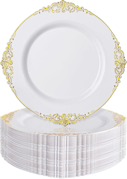 Nervure 100Pcs White and Gold Plastic Plates - 10.25Inch Gold Disposable Plates - Heavyweight Dinner Plate for Wedding & Party & Thanksgiving
