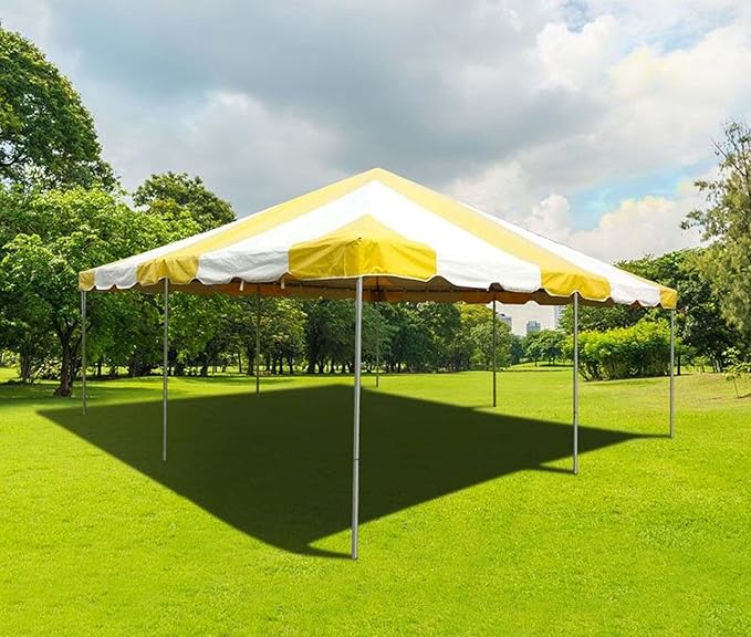 Party Tents Direct 20'x20' Weekender West Coast Tent Frame Party Tent (Yellow/White) PVC Top with Storage Bag - Tents for Parties, Weddings, Birthdays, Banquets, Fiestas, Workshop, Outdoor Event