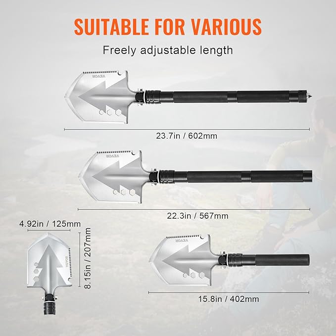 VEVOR Survival Shovel, 8 in 1 Camping Shovel Folding Multitool Kit, Portable and Compact, Stainless Steel, Multifunction for Off-Roading, Camping, Hiking, Outdoor, Survivalist and Emergency