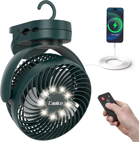 Camping Fan with Remote Control - 12000mAh Rechargeable Battery Powered Fan, Camping Fans for Tents with LED light & Hanging Hook, Rechargeable Battery Operated Ceiling Fans for Tent RV Bed, Green