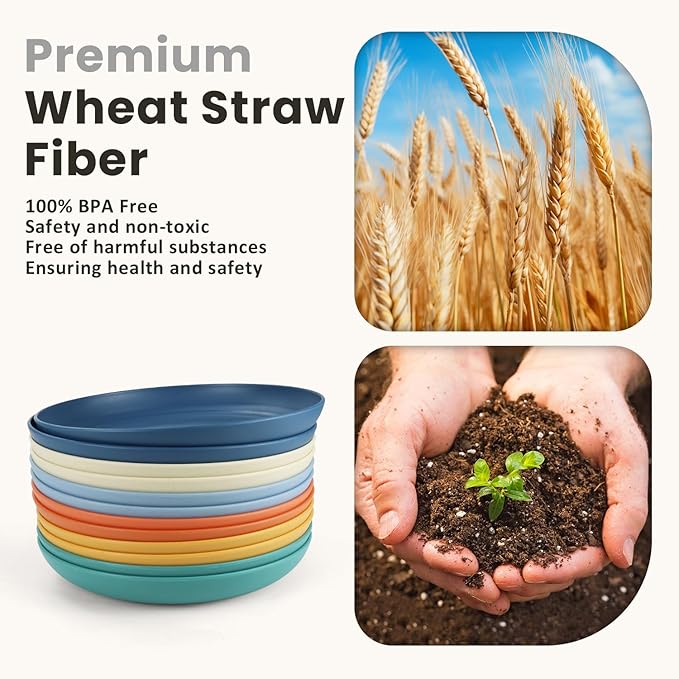 Homienly Wheat Straw Plates, 12-Pieces Unbreakable Dinner Plates - 9 Inch Alternative to Plastic Plates, Unbreakable Microwave and Dishwasher Safe Plate Set for Kitchen, Camping, Party - Multi