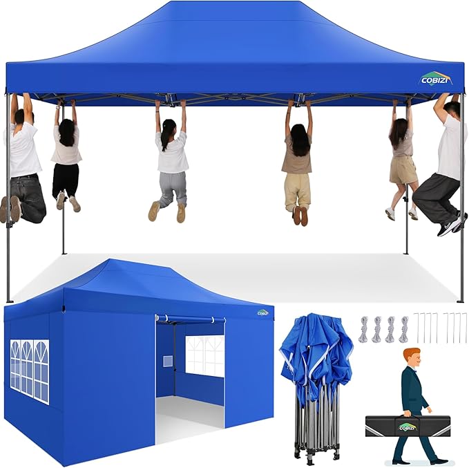 COBIZI 10x15 FT Heavy Duty Pop up Canopy Tent with 4 sidewalls Commercial Outdoor Canopy Wedding Party Tents for Wedding All Season Wind & Waterproof Gazebo with Carry Bag, Blue(Frame Thickened)