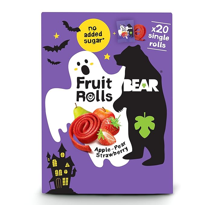 BEAR Real Fruit Snack Rolls - Gluten Free, Vegan, and Non-GMO - Strawberry – Halloween Pack - 20 Rolls, Healthy School And Lunch Snacks For Kids And Adults, 0.34 Ounce (Pack of 20)