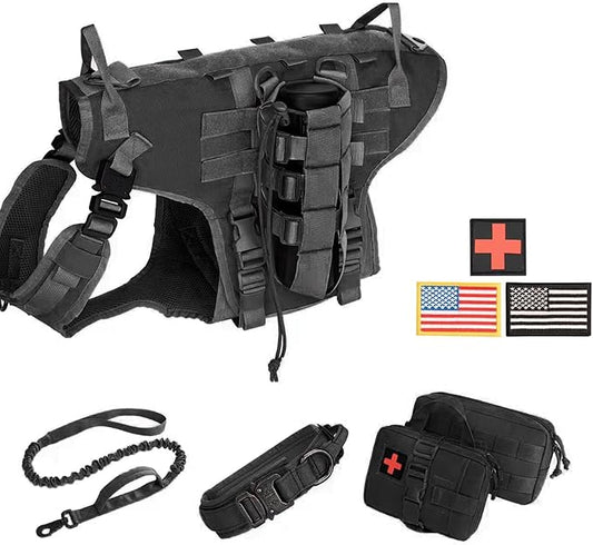 Tactical Dog Vest Harness and Training Dog Collar with Bungee Dog Leash Set No Pull Military Dog Harness with 2 Detachable and 1 Water Bottle Pouches for Outdoor Training Service, Black L