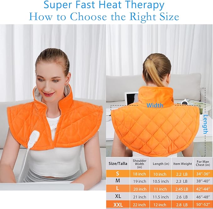 Electric Heating Pad for Neck and Shoulders, Far Infrared Heated Pad for Pain Back Relief, Weighted Electric Heating Pads with Auto-Off, Gifts for Women Men Mom Dad(L, Orange)