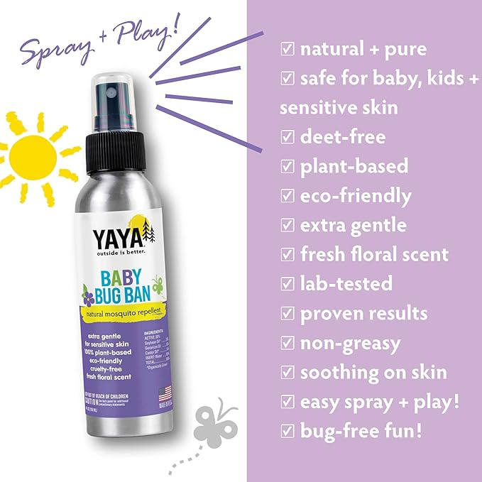 YAYA ORGANICS Baby Bug Ban Spray + Wipe Bundle - All-Natural Repellent Made with Essential Oils for Babies, Little Kids and Sensitive Skin (4 Ounce Spray + 12-Pack Wipe)